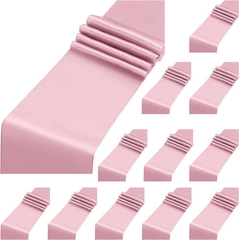 Aneco 12 Pack Satin Table Runner 12 x 108 Inch Rose Gold Long Wedding Satin Silk Table Runner for Wedding Banquet Graduations Birthday Party Decoration