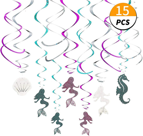 Mermaid Party Supplies, 50 pcs Mermaid Party Favors - Banner, Balloons, Hanging Swirl, Foil Curtains, Paper Fans, Sea Theme Decorations for Girl's Party and Baby Shower Party