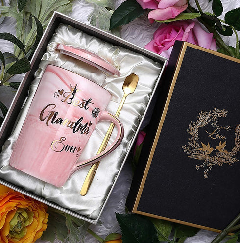 Doublewhale Grandma Gifts - Mothers Day Gifts for Grandma - Birthday Gifts for Grandma from Granddaughter Grandson Grandchildren - Best Grandma Ever Marble Ceramic Coffee Mug 14Oz with Lid Pink