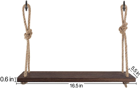 Yankario Rope Hanging Floating Shelves, Rustic Wood Wall Decor Swing Shelf with 4 Hooks, Pack of 2