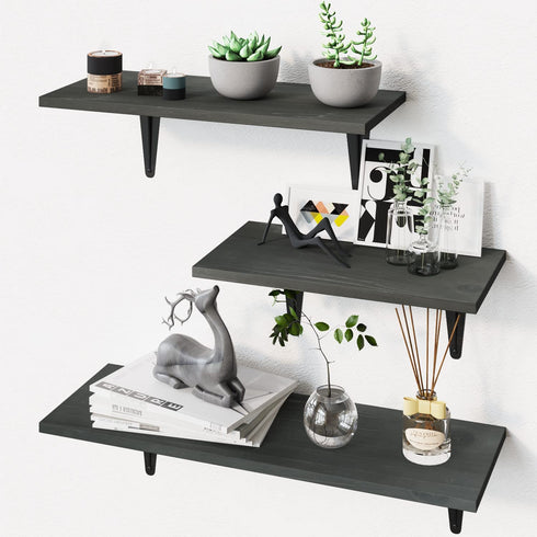 BAMFOX Floating Shelves, Rustic Wood Bamboo Wall Storage Shelves, Wall Mounted Wooden Shelf Organizer Set of 3 for Office,Living Room, Bedroom, Kitchen, Bathroom Gray ¦