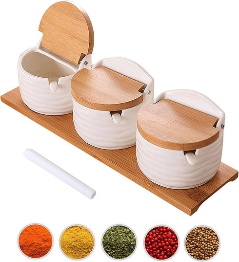 Lawei 3 pack Ceramic Sugar Bowls Set - 9 oz Porcelain Condiment Jar Spice Container with Spoons and Lids for Home and Kitchen