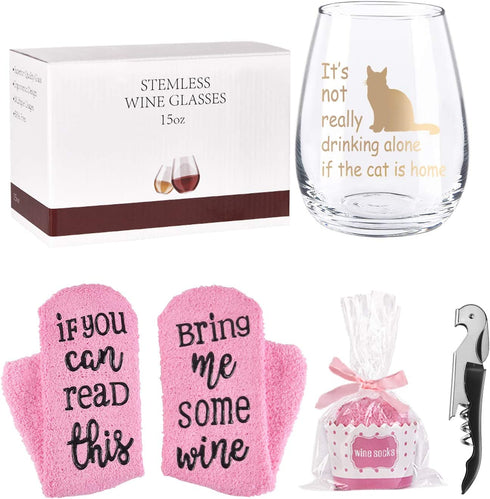 It's Not Really Drinking Alone If The Cat Is Home Wine Glass with Cupcake Wine Socks Gift Set, Cat Lover Wine Glass Set with Bottle Opener 15Oz - Funny Gift for Women Friends Sisters Girls Cat Lover