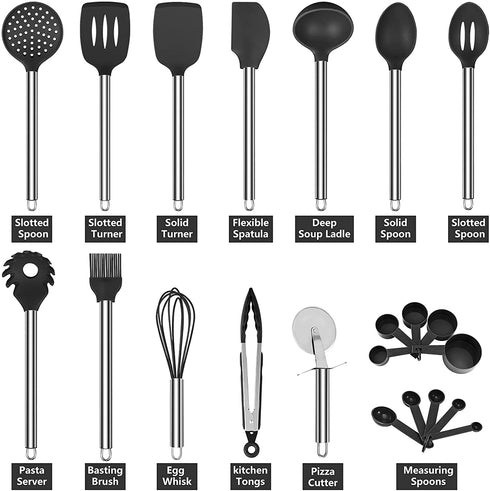 Oyydecor Silicone Kitchen Cooking Utensil Set ,23PCS Silicone Kitchen Utensil Set Non-Toxic And Non Stick Cookware with Utensils Holder, BPA-free Safety Kitchen Utensils Set (Black)