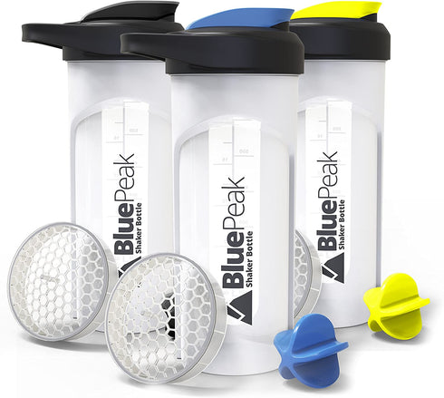 BluePeak Protein Shaker Bottle 28 oz with Dual Mixing Technology, Strong Loop Top, BPA Free, Shaker Balls & Mixing Grids Included - On-The-Go Large Protein Shakers (3 Pack - Yellow, Blue, Black)