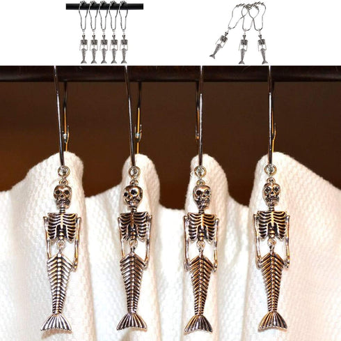 ZILucky 12Pcs Mermaid Skeleton Shower Curtain Hooks Halloween Decorative Home Bathroom Decor Rustproof Skeletons Shower Curtain Rings (Mermaid Skull Silver)