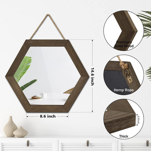 Emfogo Decorative Rustic Wall Mirror with 14 inch Hexagon Wood Framed Mirror for Bathroom,Bedroom,Over Door ,Farmhouse,Vanity, Living Room,Entryway Wall Decor