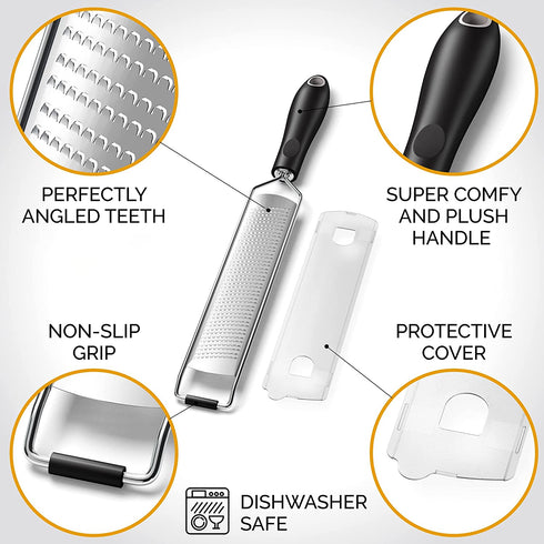 GRACE & GRIND Lemon Zester Grater for Kitchen Accessories - Premium Stainless Steel Grater for Parmesan Cheese, Citrus, Garlic, Carrot, Vegetables and Fruits with Non Slip Handle and Cover