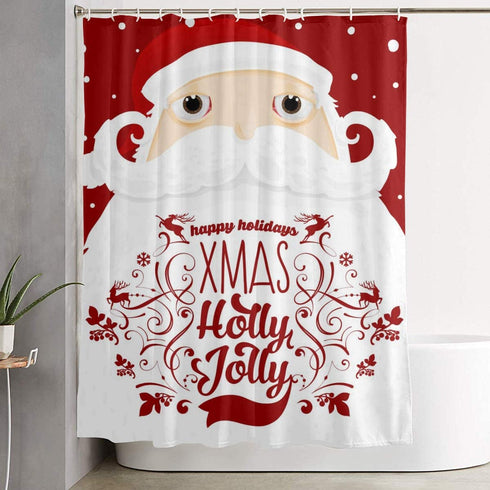 Xmas Holly Jolly Shower Curtain Festive Cute Cartoon Santa Claus with Many Gifts Merry Christmas Shower Curtains Happy New Year Shower Curtain Set with 12 Hooks 60 X 71