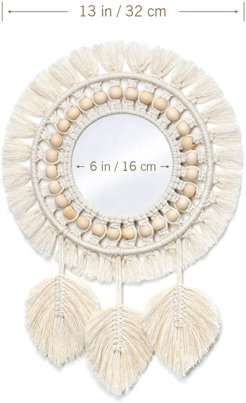 Dremisland Hanging Wall Mirror-Boho Macrame Fringe Round Decorative Mirror with Wood Beads Feather Pendant?Art Ornament for Apartment Home Bedroom Living Room