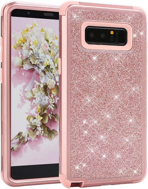 WORLDMOM for Galaxy Note 8 case, Rose Gold Glitter Luxury Sparkly Hybrid 3 Layers Heavy Duty Shockproof Protective with Bling Shiny Pretty Cute Fashion Design case for Samsung Galaxy Note 8