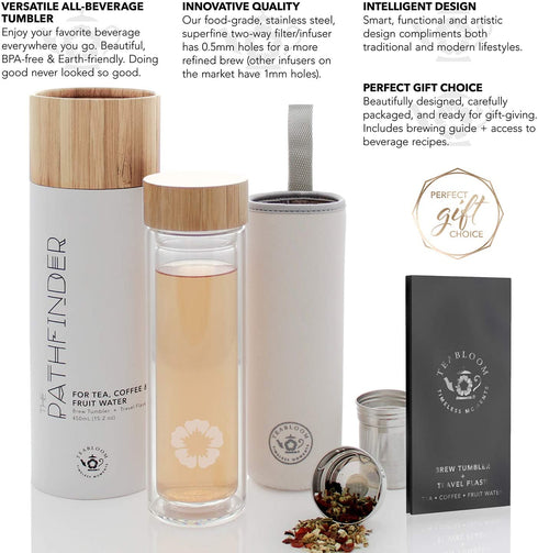 Teabloom All-Beverage Tumbler 15 oz / 450 ml Tempered Glass Travel Bottle Hot and Cold Tea Infuser Cold-Brew Coffee Fruit-Infused Water Tea Tumbler The Pathfinder