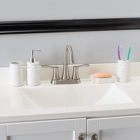 Home Basics Rustic Mason Jar 4 Piece Décor Bathroom Accessories Set, includes Lotion Pump Dispenser, Toothbrush Holder, Cup Tumbler, and Soap Dish , White