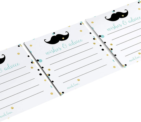 Mustache Advice and Wishes Cards Pack of 25 Use for Boys Baby Shower Activity Gender Reveal Kids Birthday Little Man Event Supply Mint Black Gold (4x4 Size) Paper Clever Party