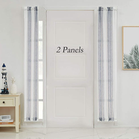 Central Park White French Door Curtain Navy Blue Stripe Sheer Window Panels Boucle Linen Drapes Rod Pocket Yarn Dyed Woven Curtain for Living Room (25" Wx72 Lx 2), 2 Panels