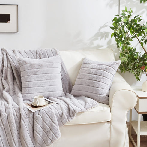 Decorative Faux Fur Throw Pillow Case Set of 2 Best Gift to Mom on Mother's Day Fuzzy Striped Cushion Cover for Sofa Couch Bedroom Car, 20"x 20", Grey