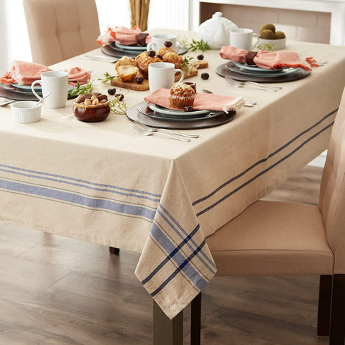 DII Kitchen Essentials Everyday French Stripe Tabletop Collection, Tablecloth, 60x104, Taupe/Nautical Blue