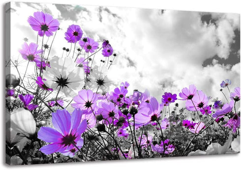 Modern Purple Flowers Canvas Art Wall Decor Black and White Framed Galsang Floral Prints and Posters Wall Hanging Decorations Ready to Hang for Bedroom Bathroom (Purple, 16x24inx1)