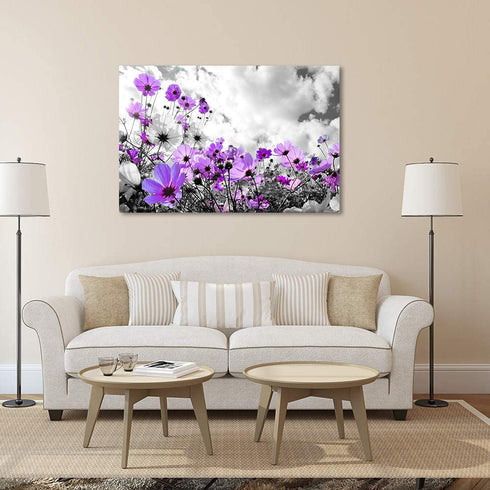 Modern Purple Flowers Canvas Art Wall Decor Black and White Framed Galsang Floral Prints and Posters Wall Hanging Decorations Ready to Hang for Bedroom Bathroom (Purple, 16x24inx1)