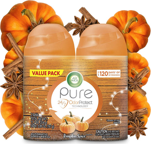Air Wick Pure Freshmatic 2 Refills Automatic Spray, Pumpkin Spice, Fall scent, Fall spray, (2x5.89oz), Air Freshener, Essential Oils, Odor Neutralization