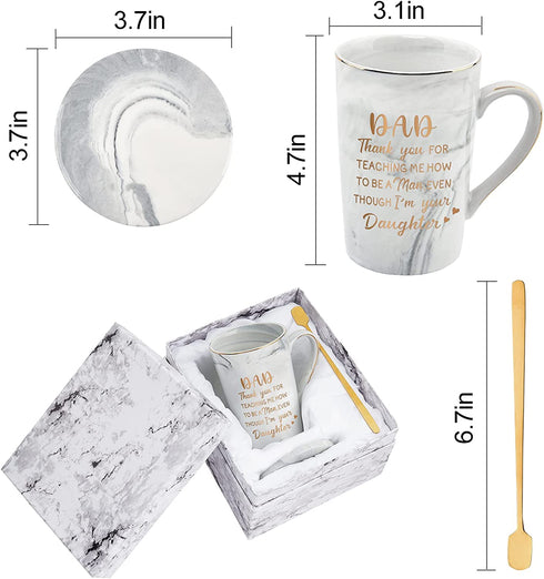 Fathers Day Mug Gifts for Dad from Daughter, Dad,Thank You For Teaching Me How To Be A Man Mug, Birthday Christmas Gifts for Dad, Funny Coffee Mugs for Dad 14Oz Gray Marble Mug with Box Spoon Coaster