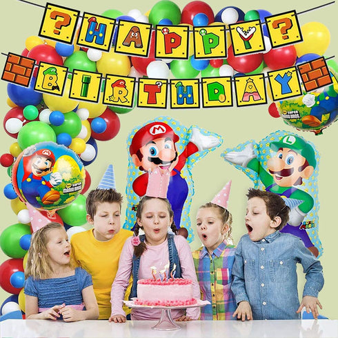 delaimastor Mario Balloon Garland Arch Kit Video Game Birthday Party Decoration Supplies Includes Happy Birthday Banner Perfect for Kids Boys Girls Birthday Party Decorations
