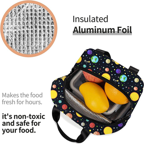 Cute Planet Insulated Black Lunch Bag for Teen Boys, Reusable Aesthetic Packit Freezable Cooler Totes Lunch Box for Office Work Picnic