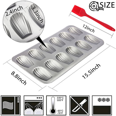 2 Pack Madeleine Pan, OAMCEG 12 Cavity Heavy Duty Shell Shape Baking Mold Nonstick Cookie/Cake/Scone Pan Whoopie Pie Pan with a Silicone Brush for Oven Baking