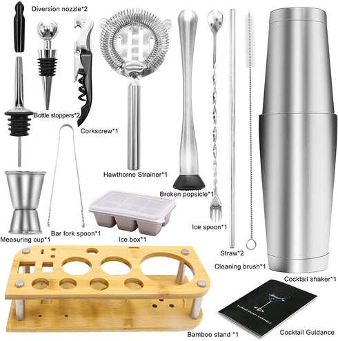Bartender Kit with Stand,Cocktail Shaker Set Stainless Steel Bar Tool Set for Drink Mixing with Mixing Spoon Measuring Jigger, Liquor Pour Awesome Drink