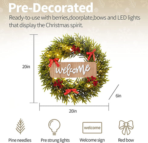 Christmas Wreath with Red Bow and LED Lights, 20 inch Christmas Weaths for Front Door with Welcome Sign, Xmas Wreath for Holiday Christmas Party Decorations