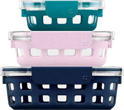 Ello DuraGlass Glass Food Storage Meal Prep Containers with Silicone Sleeve and Airtight Lids, 6 Piece 3 Pack Multi-Size, Spring