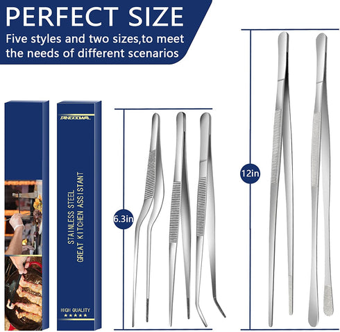5 Pcs Kitchen Fine Tweezer Tongs, Stainless Steel Food Tweezers Set, Professional Kitchen Long Tweezer for Cooking,Repairing,Sea food,BBQ,Multi-use(12"and 6.3")