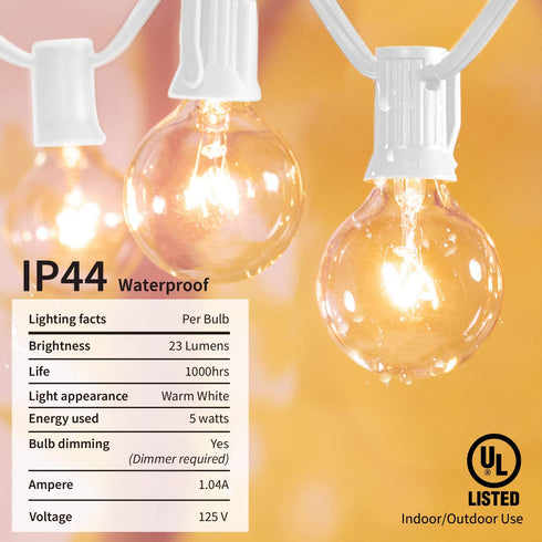 Outdoor String Light 25Feet G40 Globe Patio Lights with 27 Edison Glass Bulbs(2 Spare), Waterproof Connectable Hanging Light for Backyard Porch Balcony Deck Party Decor, E12 Socket Base, White
