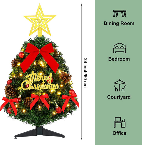 MCEAST Mini Green Christmas Tree Set 24 Inch Artificial Tabletop Xmas Tree Decorations with Tree Skirt, Red Bows, Pendants, Alphabetic String, Ornaments and Base for Home Holiday Christmas Decor, DIY