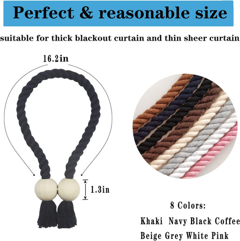 Porlau 4 Pack Navy Magnetic Curtain Tiebacks Cotton Hand Woven Tieback Holdback Decorative Tie Backs for Drapes with Durable Wooden Buckle No Tools Required