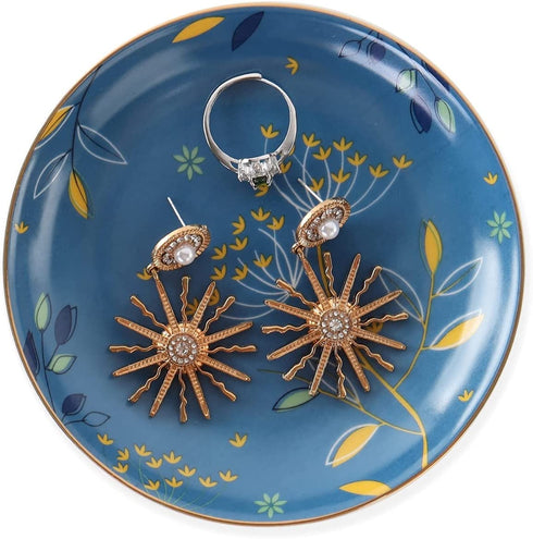 Ceramic Ring Dish Jewelry Tray,Bohemian/Boho Dandelion Decorative Organizer Trinket Dish with Golden,Home Decor Wedding Birthday Housewarming Gift for Her(Blue)