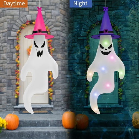 YEGKGO 2PCS 56" Halloween Ghost Windsocks with LED Lights and Hat, Halloween Hanging Windsocks, Outdoor Halloween Decorations for Yard, Patio, Lawn, Garden, Tree