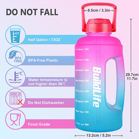 BuildLife Half Gallon Water Bottle - BPA Free Leakproof Water Jug Gradient Motivational Time Marker with Straw & Phone Holder Handle to Remind You Drink More Water
