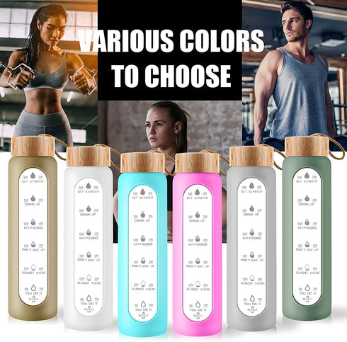 AQULEA 32 Oz Borosilicate Glass Water Bottle with Times to Drink - Wide Mouth BPA Free Glass Motivational Water Bottles with Silicone Sleeve, Bamboo Lid, Fruit Infuser, and Bonus Brush