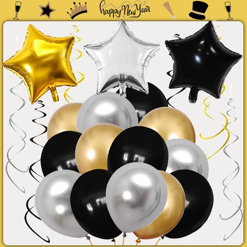 2022 New Years Eve Balloon Garland Arch Kit, 90Pcs Black Gold Silver Balloons Paper Pompoms Hanging Swirls for 2022 New Years Eve Party Supplies Graduation Party Decorations (Silver)