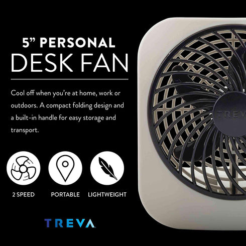 Treva 5-Inch Portable Desktop Battery Powered Fan, 2 Cooling Speeds with Compact Folding & Tilt Design- 2 Pack (Grey)