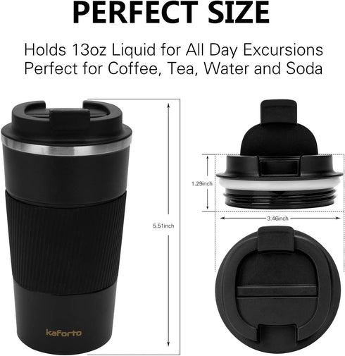 16oz Insulated Coffee Travel Mug Stainless Steel Vacuum Coffee Cup Leakproof with Screw Lid Double Wall Coffee Tumbler Reusable Thermal Cup for Hot/Iced Beverage - 510ml, Black