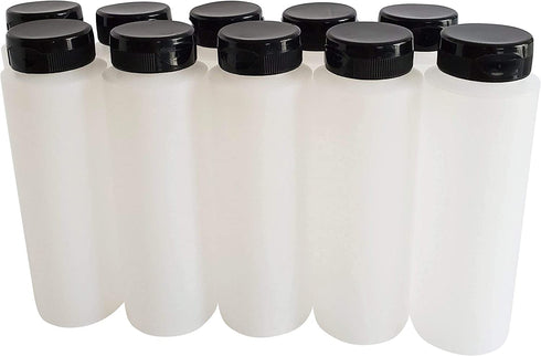 kelkaa 8oz HDPE Plastic Squeeze Bottles with Wide Mouth Opening, Black Flip Top Caps for Condiments and Any Thick Liquid Products, Multi Purpose Refillable Empty Bottles (Pack of 10)