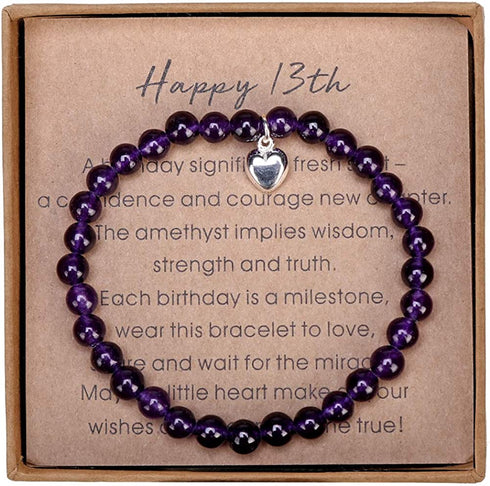 Gifts for 13 Year Old Girl Amethyst Bead Bracelet with Sterling Silver Heart Charm 13th Birthday Gifts for Girls with Card and Gift Box