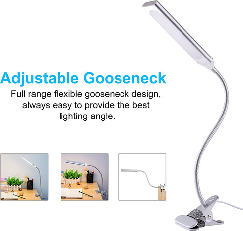 LED Desk Lamp Reading Light, JUANWE Clip on Light, Dimmable Clamp Light with USB Charging Port, 3 Modes & 14 Brightness Levels 5W LED Metal Clip Light, Sliver