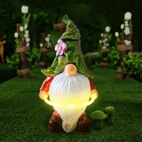 Garden Gnome Statue, LUOWAN Solar Light Garden Gnome, Resin Gnome Figurine Playing Hoop, Outdoor Decro for Garden Patio Yard Lawn Porch, Ornament Gift
