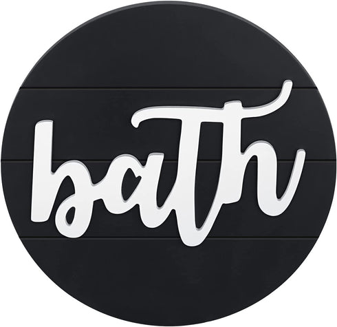 Modern Rustic 3D Bath Sign,Shiplap Farmhouse Bathroom Round Sign for Wall Hanging Decor, Handcrafted €œBath Sign Home Wooden Sign (Matt Black)