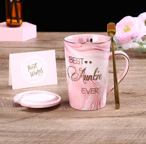 Aunt Gifts from Niece and Nephew - Best Auntie Ever Mug Funny Happy Birthday Presents for Aunty - Pink Marble Ceramic Coffee Cup 14 Oz
