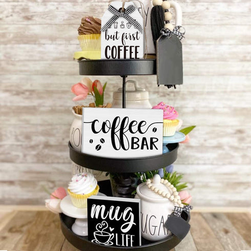 Coffee Bar Tiered Tray Decor Signs Set of 3, 3D Raised Wood Block with Buffalo Plaid Farmhouse Home Kitchen Coffee Decorations for Tray, Coffee Bar, Coffee Station, Shelf, Mantel (Tray Not Included)
