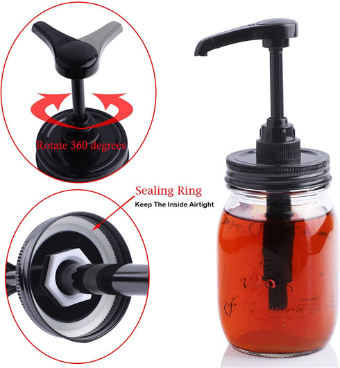 Mason Jar Syrup & Honey Dispenser Pump Lids for Regular Mouth (2 Pack), Airtight & Leak-Proof Kitchen Food Grade Coffee Syrup dispenser Pump (Jar Not Included)